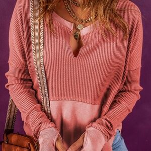 B090 Mineral Red Exposed Seam Slit neck Waffle Knit Top